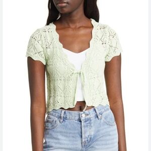 BP. Mint Green Tie Front Short Sleeve Crochet Knit Shrug Teens Size S
